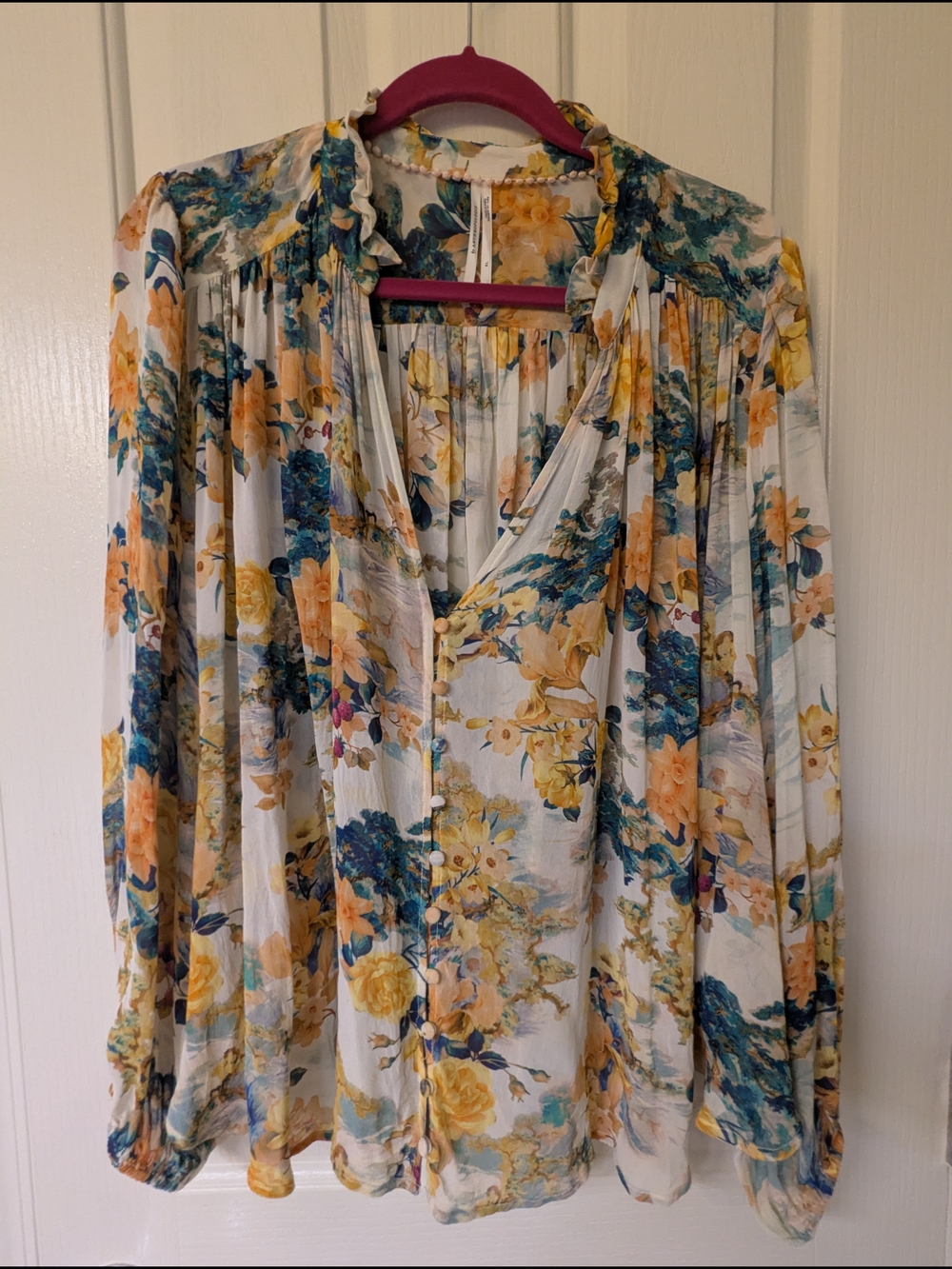 Anthropologie Floral Button-Front Blouse in Cream, Yellow & Blue